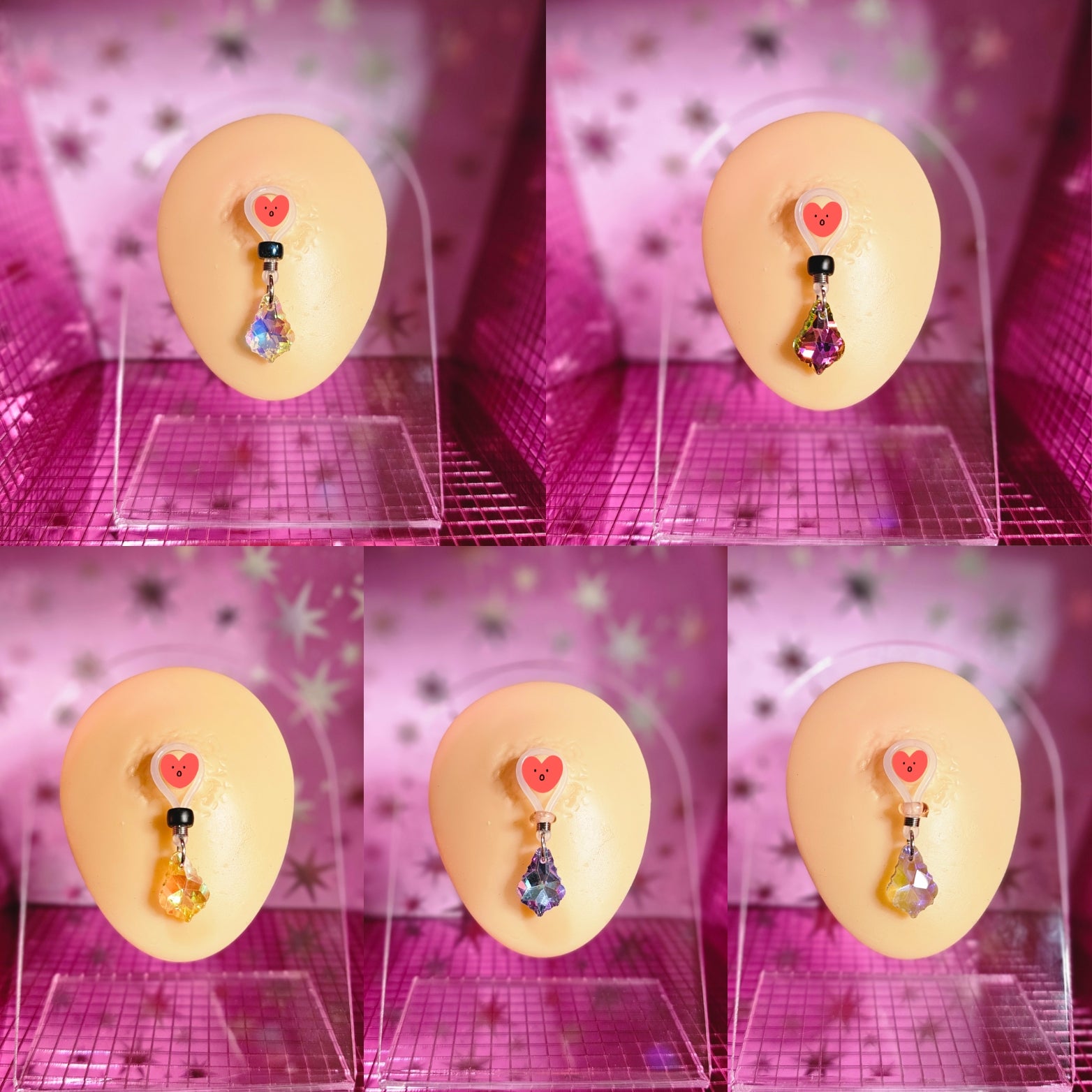 Collage of nipple noose jewelry on a pink grid background