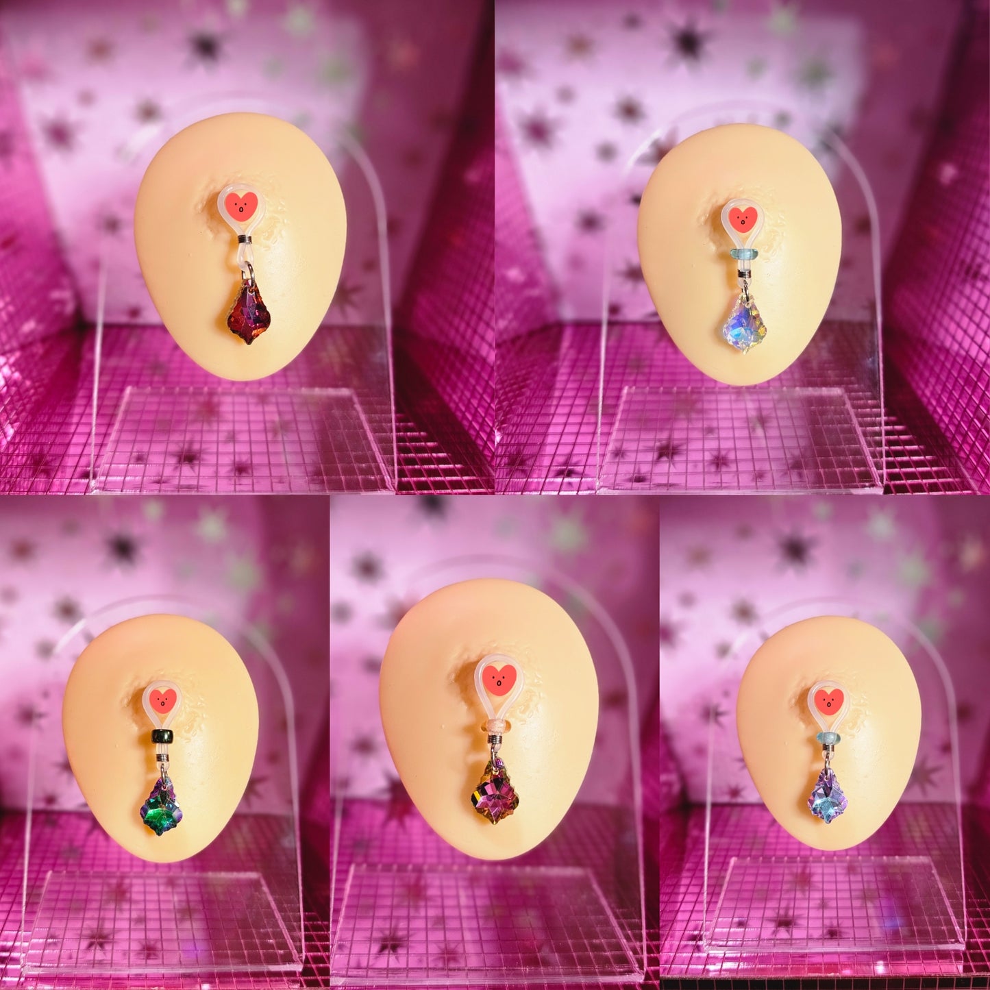Collage of baroque style crystal nipple noose jewelry on a pink grid background 